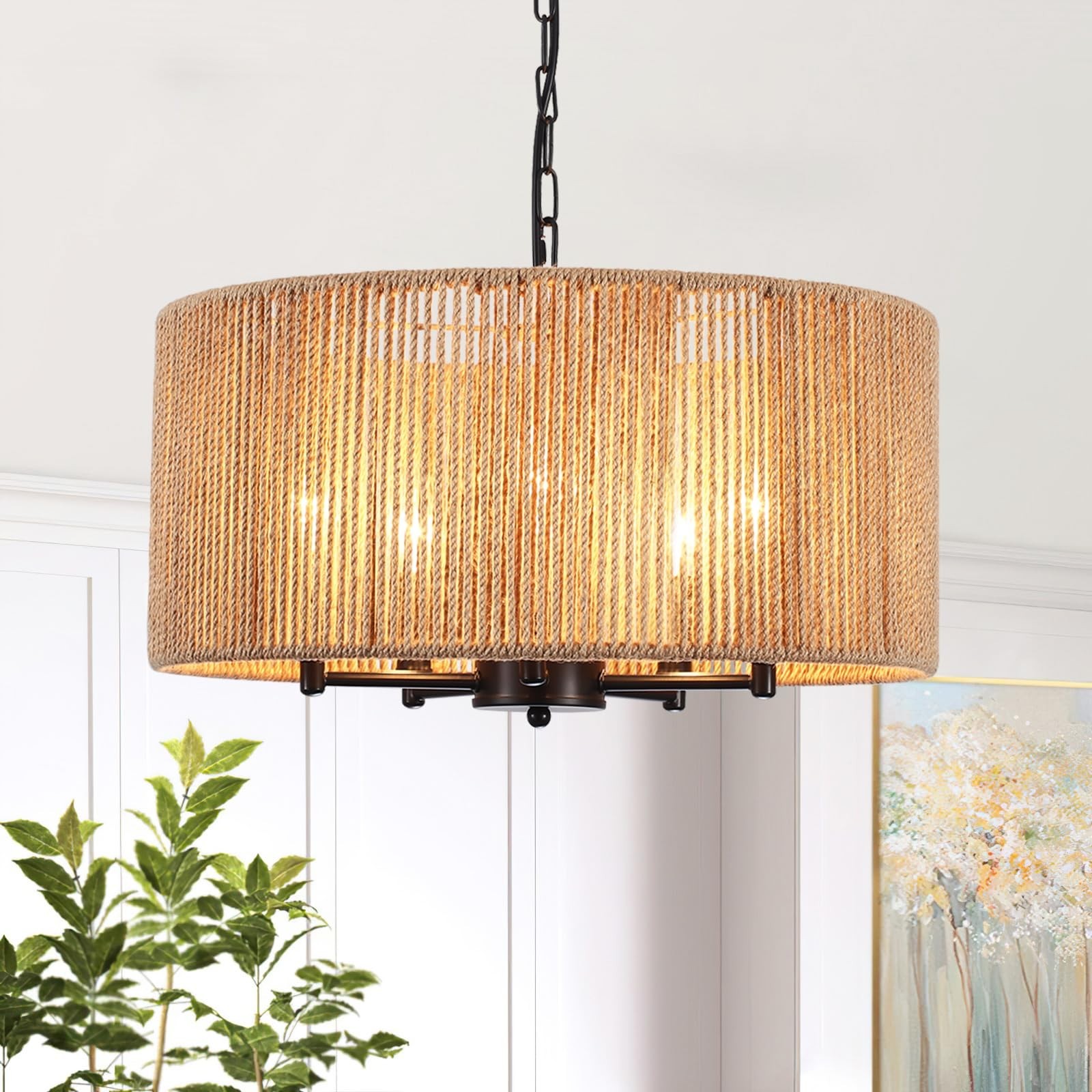 5 Lights Boho Chandelier for Dining Room，19" Hand-Woven Pendant Light Fix