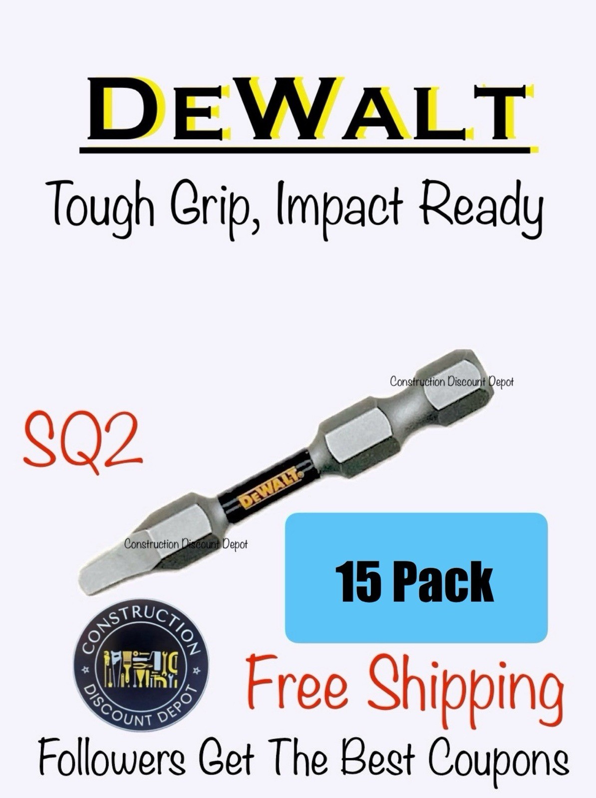15 Pack DeWalt IMPACT READY 2" TOUGH GRIP Bit Set Square #2 SQ2 Robertson