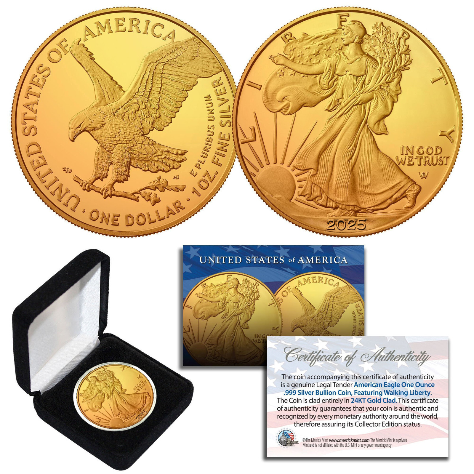2025 Genuine 24K GOLD Plated 1 OZ .999 Fine Silver American Eagle US Coin TYPE 2