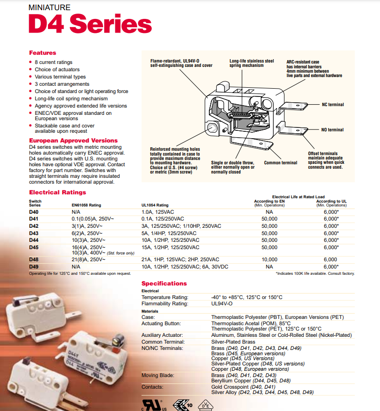 CHERRY ELECTRICAL PRODUCTS - D42LR1XD - Switch, Micro. SPDT 3A 125V. New