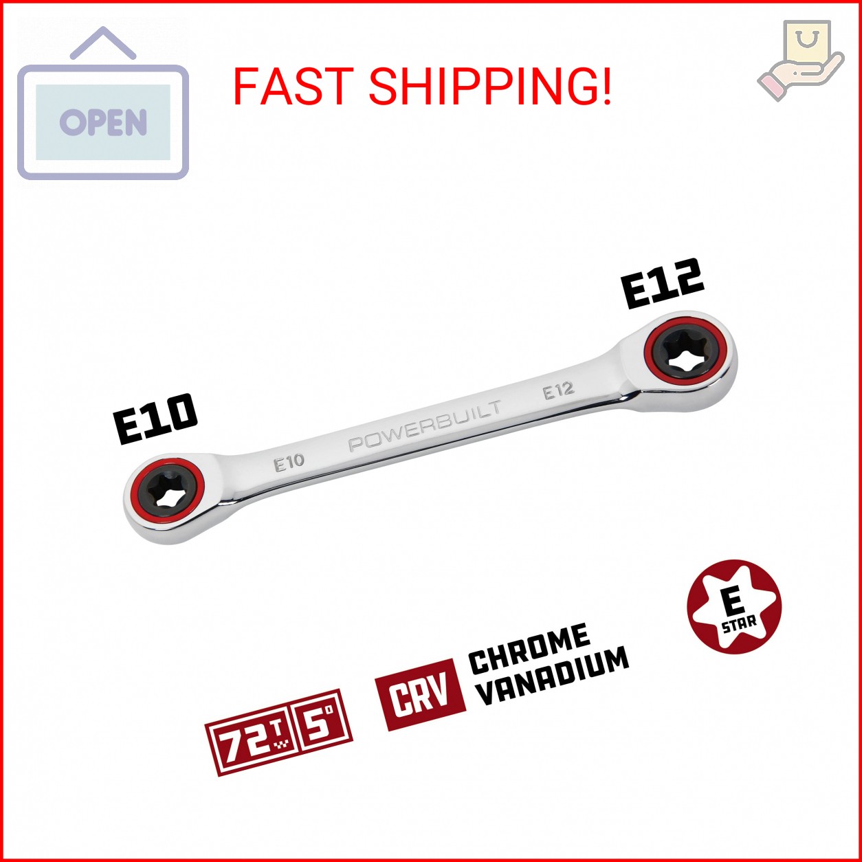 Powerbuilt E10/E12 Ratcheting Double Box-End E-Torx E-Star Wrench, 72-Tooth Ratc