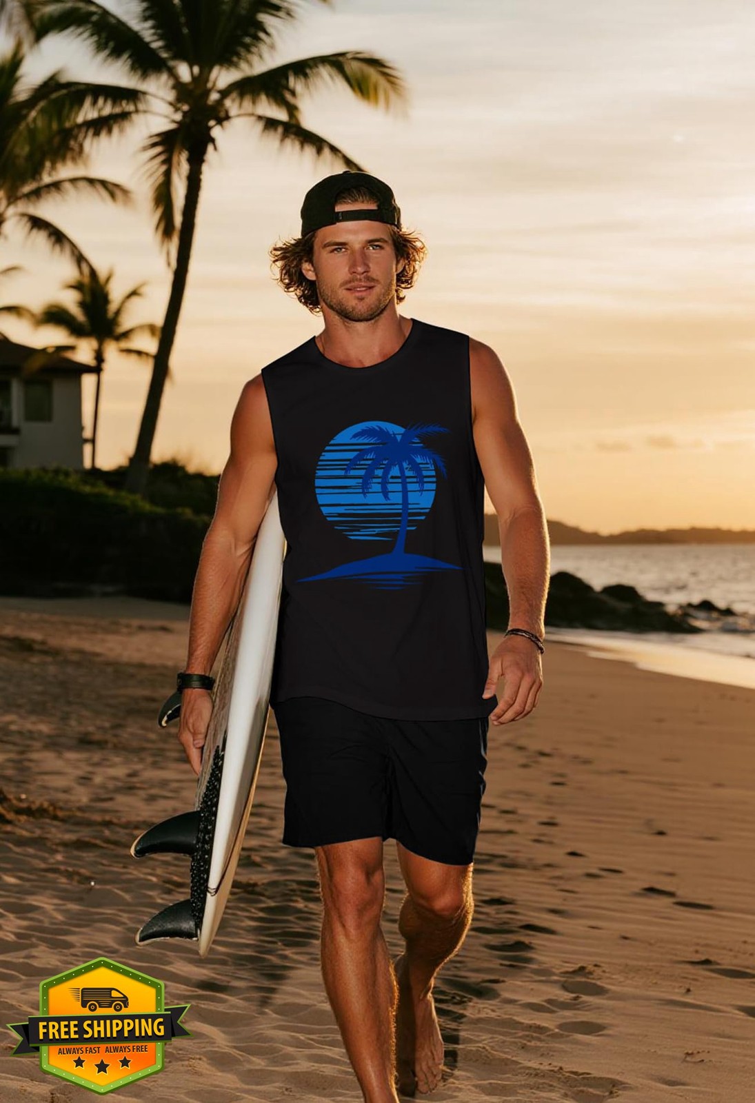 Indoner Men's Sleeveless Tank Top UPF 50+ Palm Tree Gym