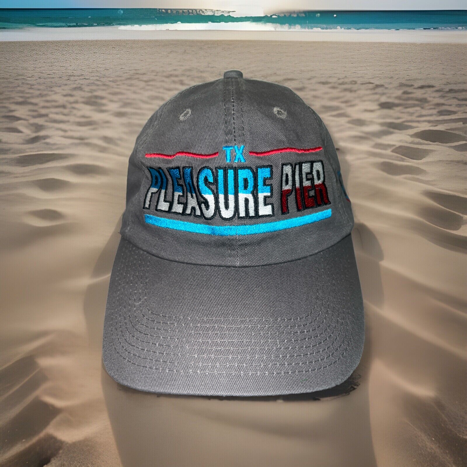 TX Pleasure Pier on Gray Cotton Hat Cap w Strap Buckle Colorful Embroidery VGC