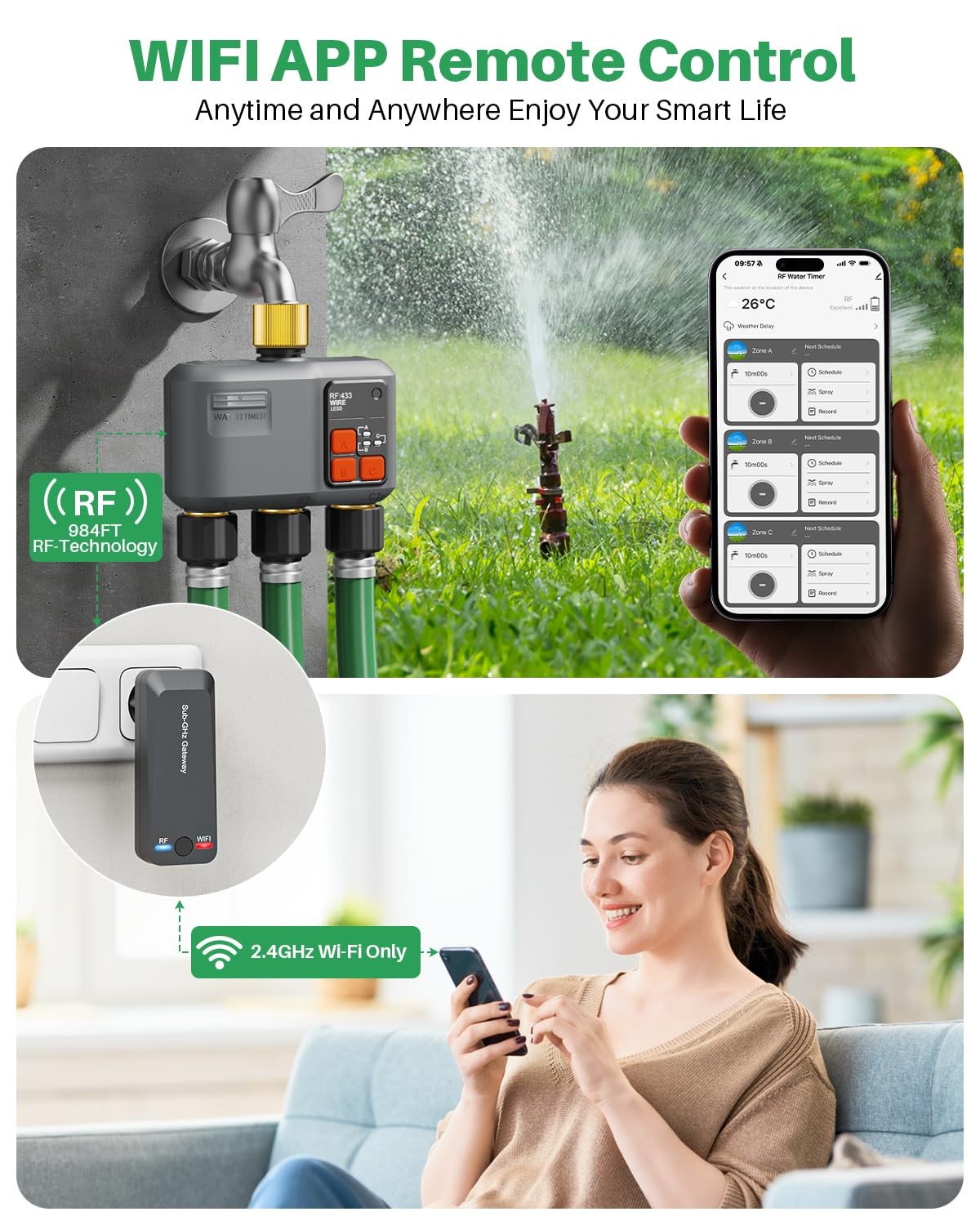 Johgee Wifi Sprinkler Timer 3 Zone 984 Ft Range 3 Outlet Smart Water Timer For