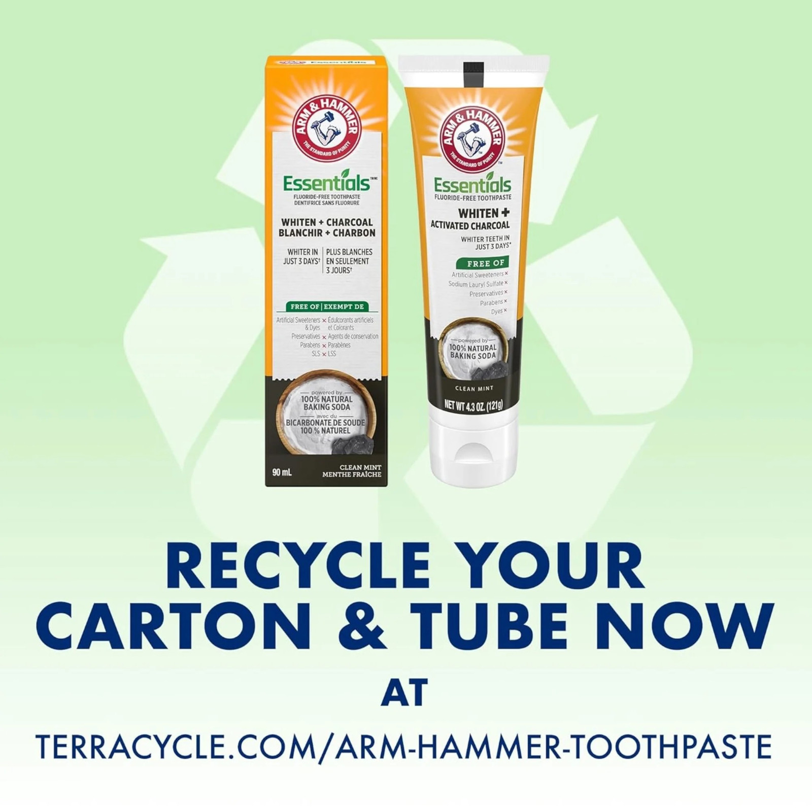 ARM & HAMMER Essentials Toothpaste, 4.3oz 4pk, Fluoride-Free, Clean Mint