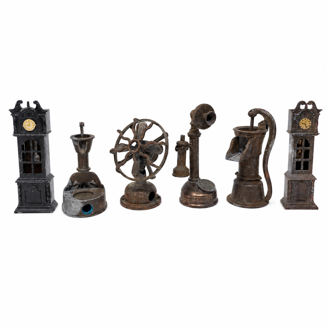 Vintage Metal Pencil Sharpener Lot Miniature Clock Fan Pump Phone 6 Pc