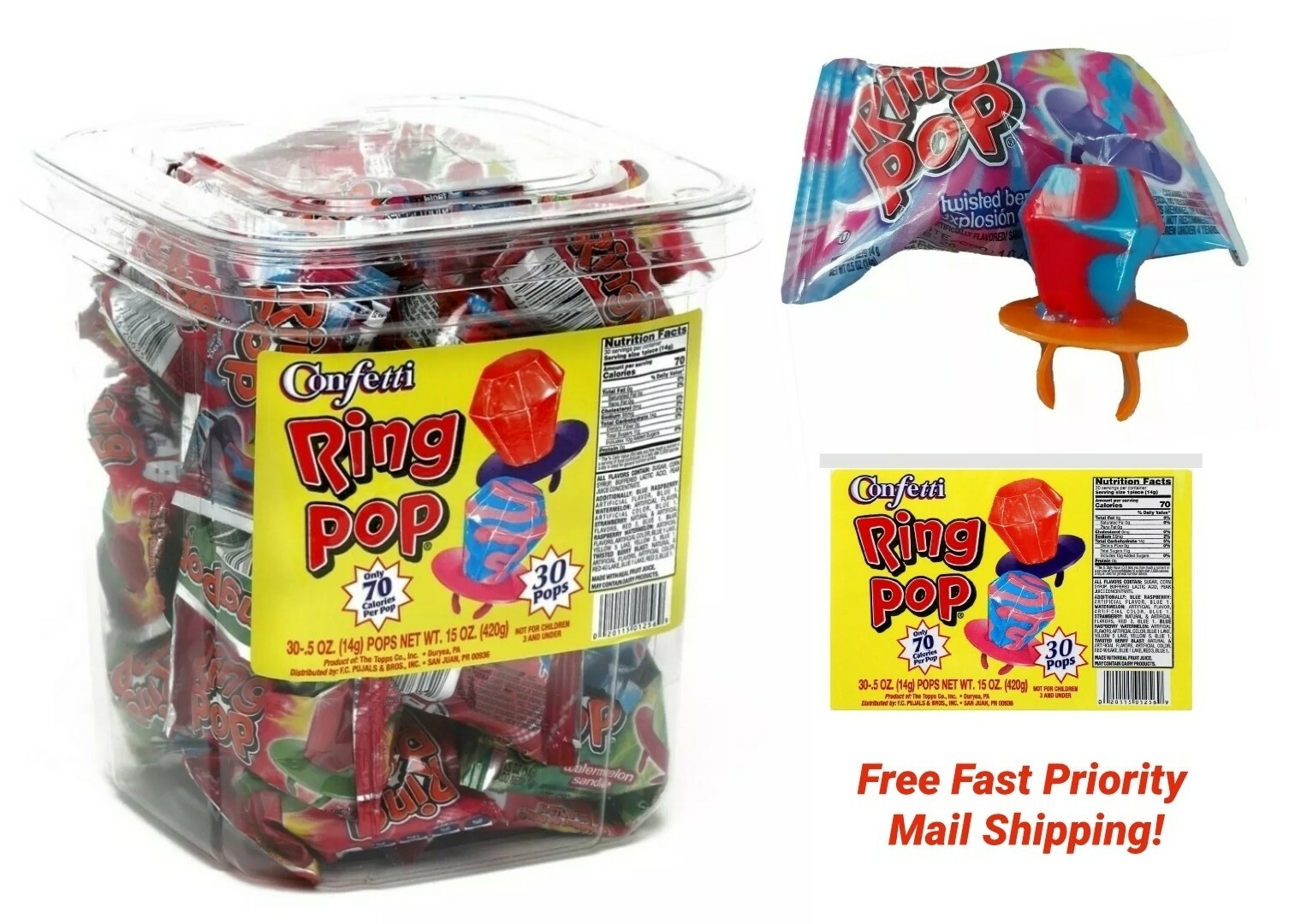 CONFETTI RING POP WITH REAL FRUIT JUICE CANDY RING ASSORTED (JAR-30PKS)