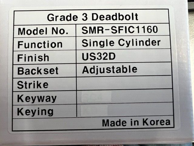 SMR-SFIC 1160-US32D SINGLE CYL DEADBOLT  FOR  SFIC 6 OR 7 PIN CORES LESS IC CORE