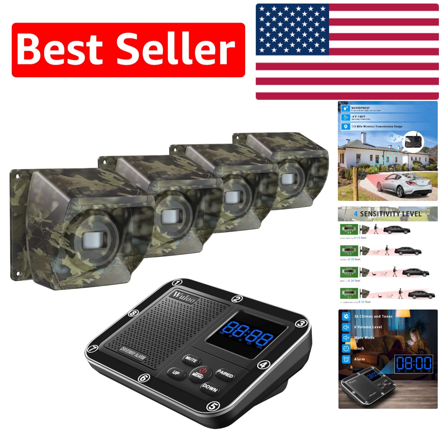 1800 Ft Wireless Driveway Alarm - Weatherproof Motion Sensor & Mute Mode