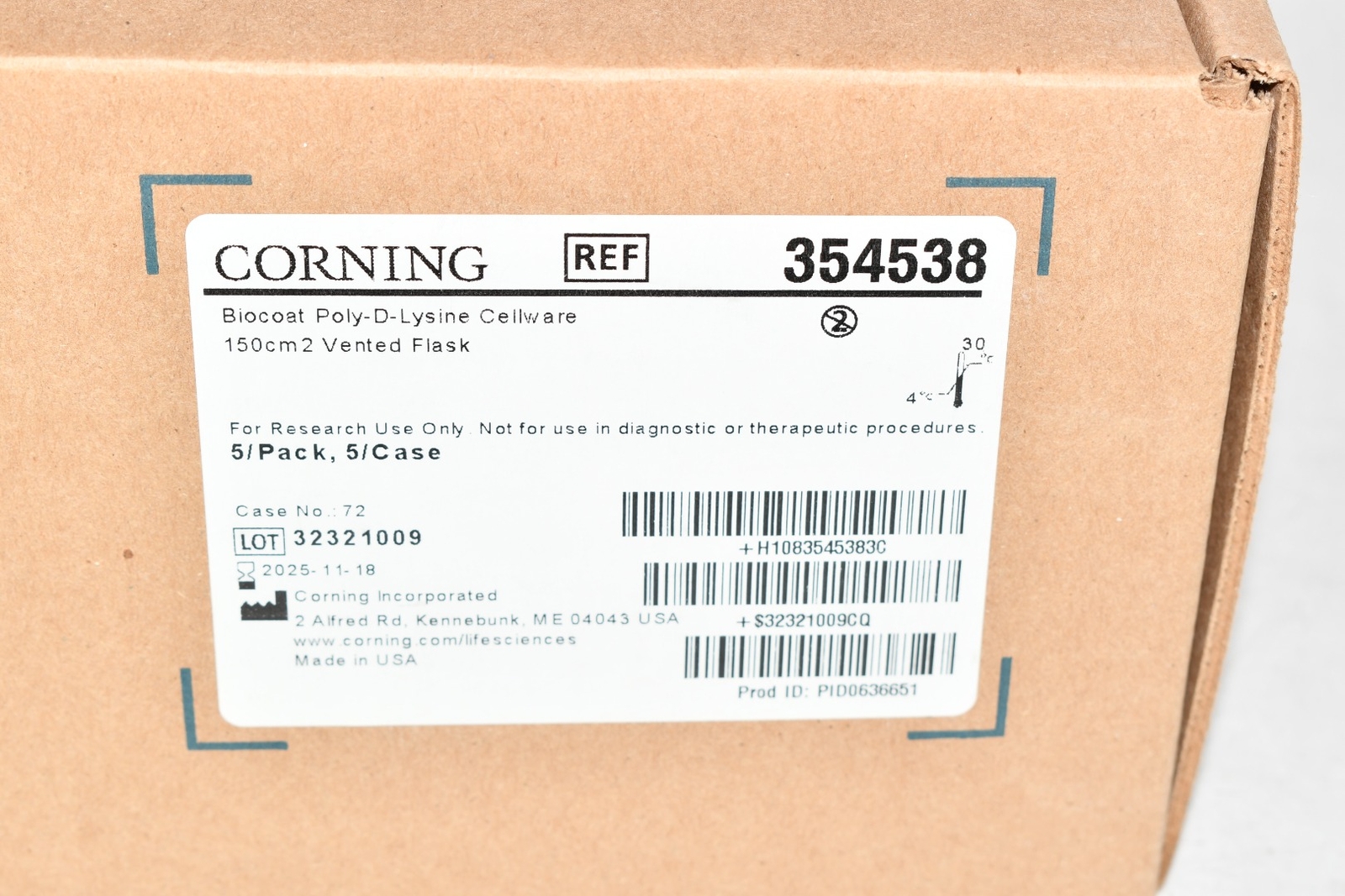 NEW Corning 354538 BioCoat Poly-D-Lysine 150cm Rectangular Canted Neck Cell Cult