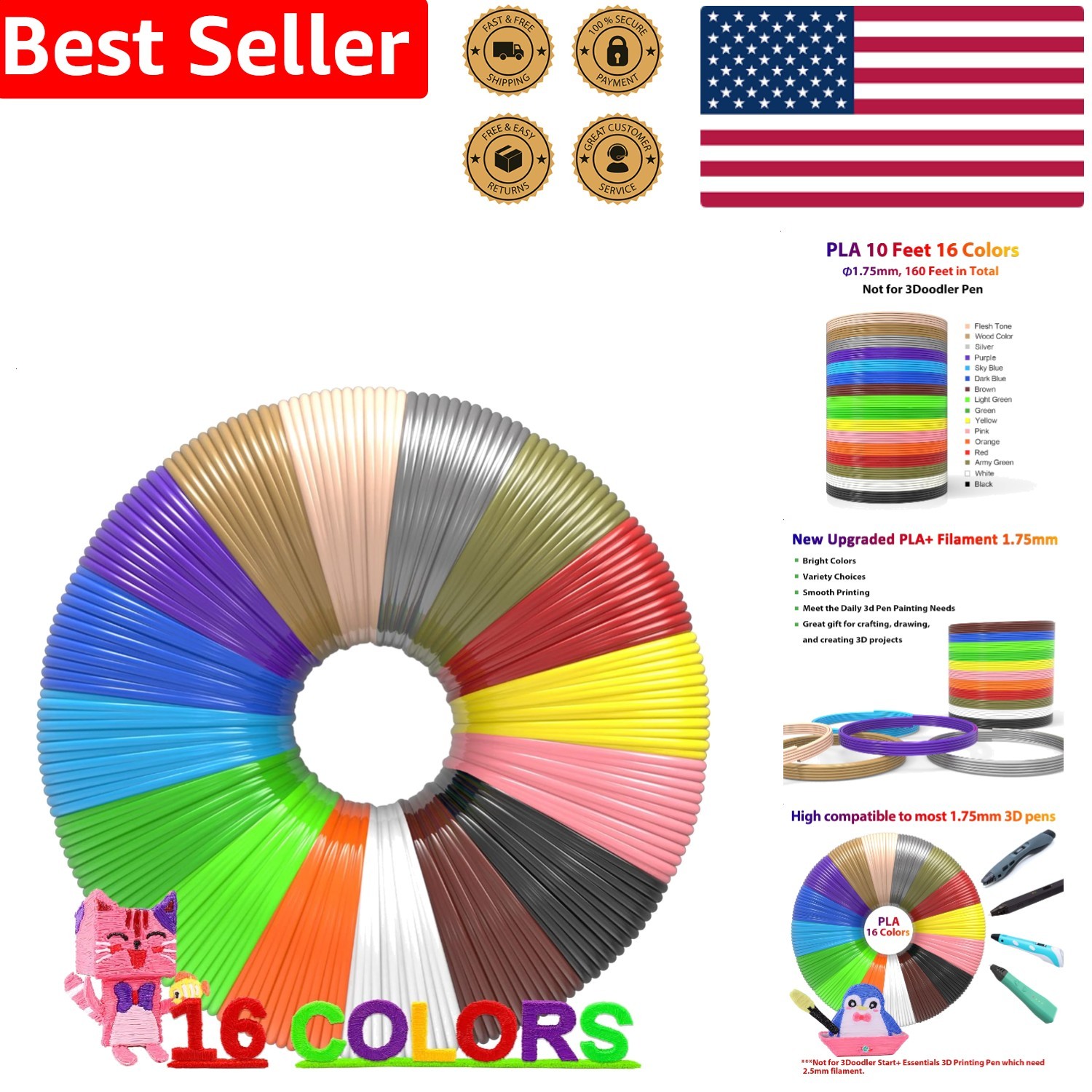 Compatible 3D Pen Filament PLA 1.75mm, 160ft, 16 Colors, eBook Stencils