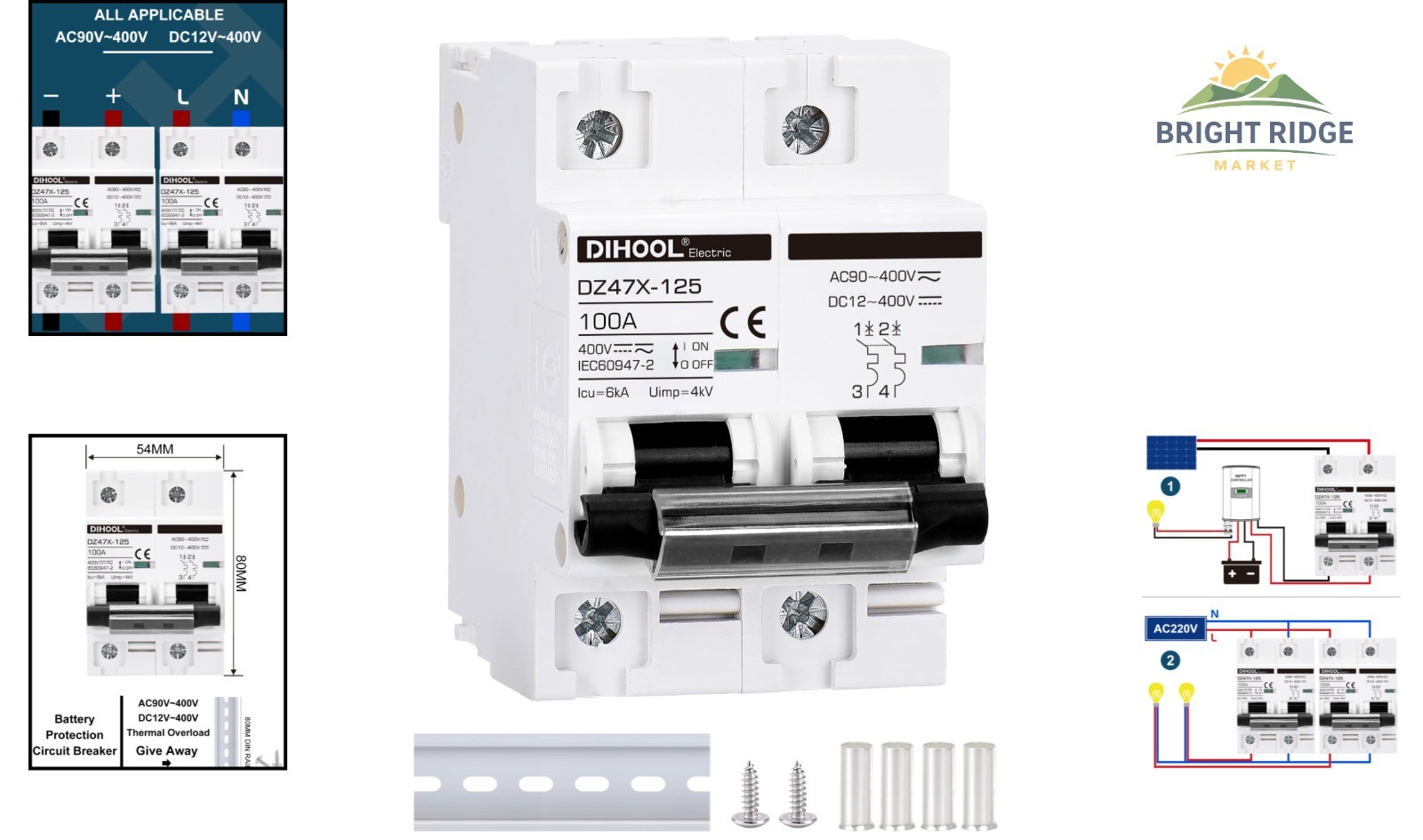 100 Amp Solar Disconnect Switch for 2 Pole DIN Rail Mount Circuit Protection