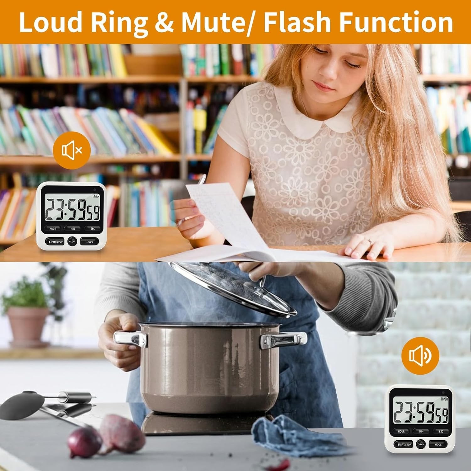 Digital Kitchen Timer 24 Hour Clock and Alarm Function with Silent or Alarm M...