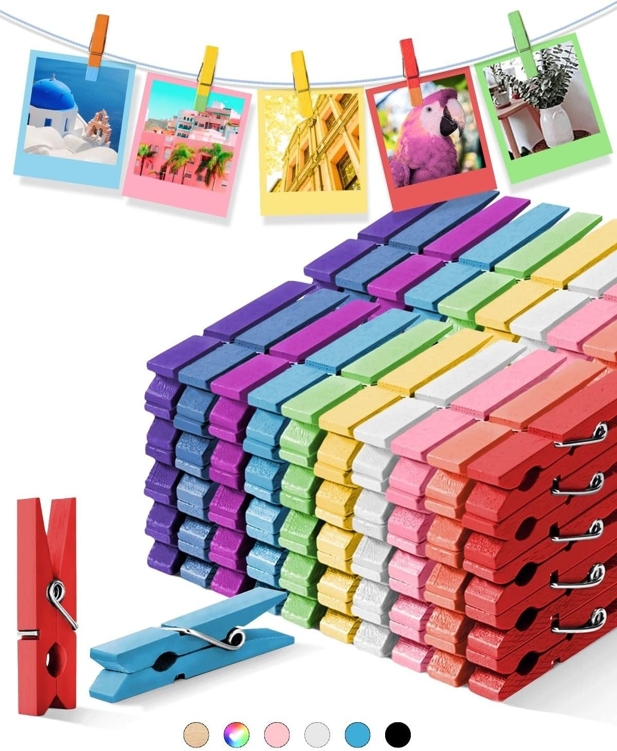 Clothes Pins Wooden Colored Clothespins for Crafts Photo 1.9 Inch 100 PCS, Small