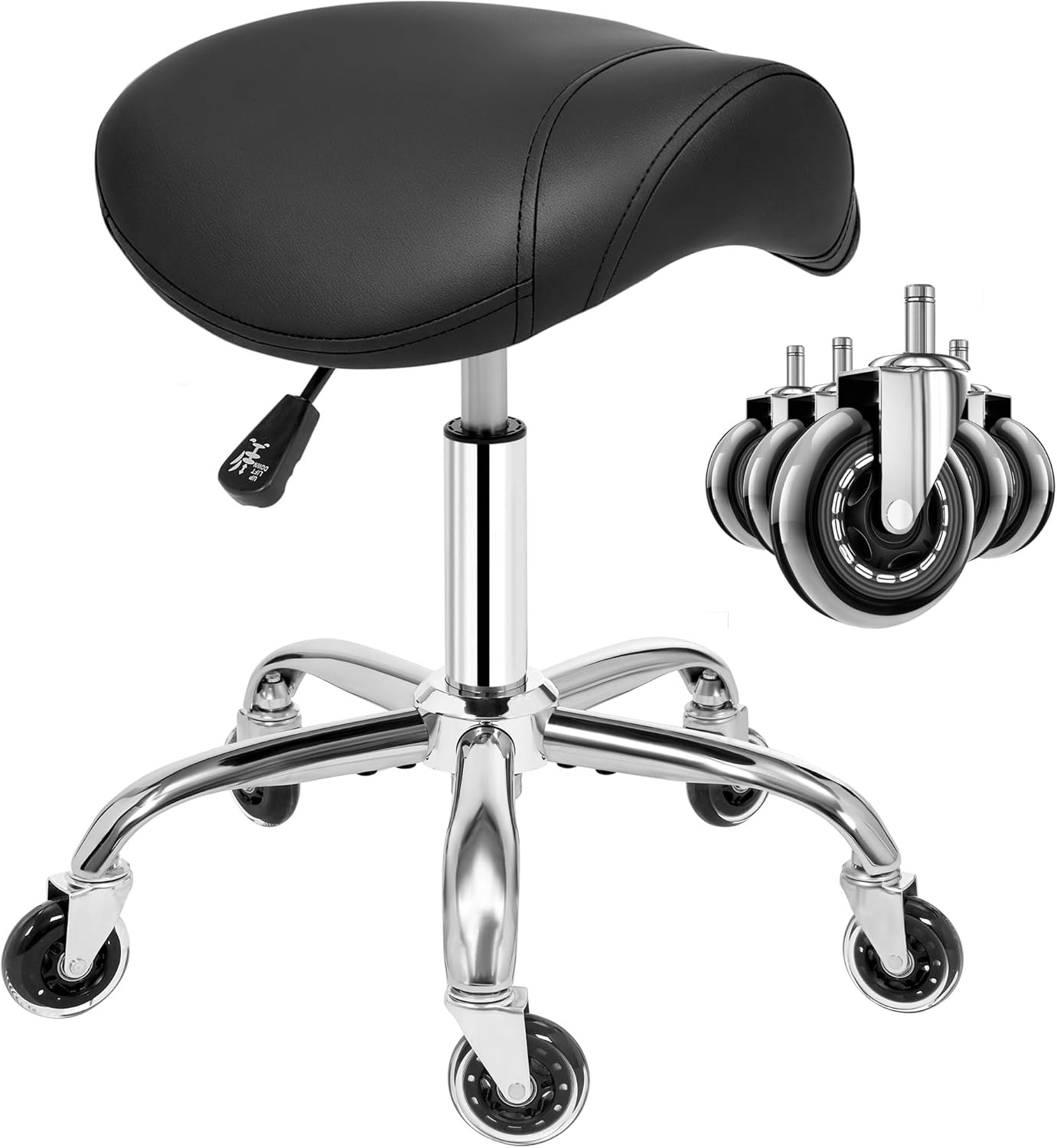Saddle Stool with Wheels Ergonomic Swivel Adjustable Rolling Stool with PU Leath