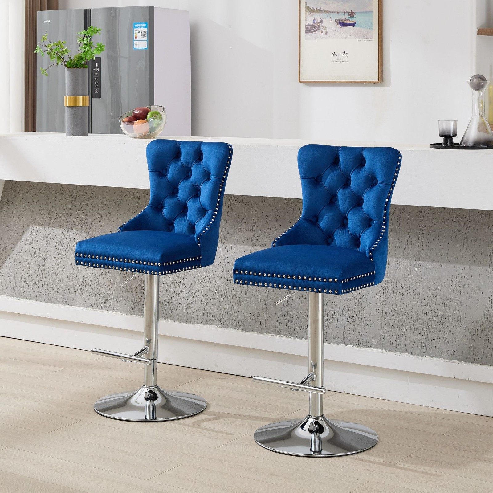 Set of 2 Swivel Barstools 25-33"Height Adjustable Velvet Pub w/Spring Seat Blue