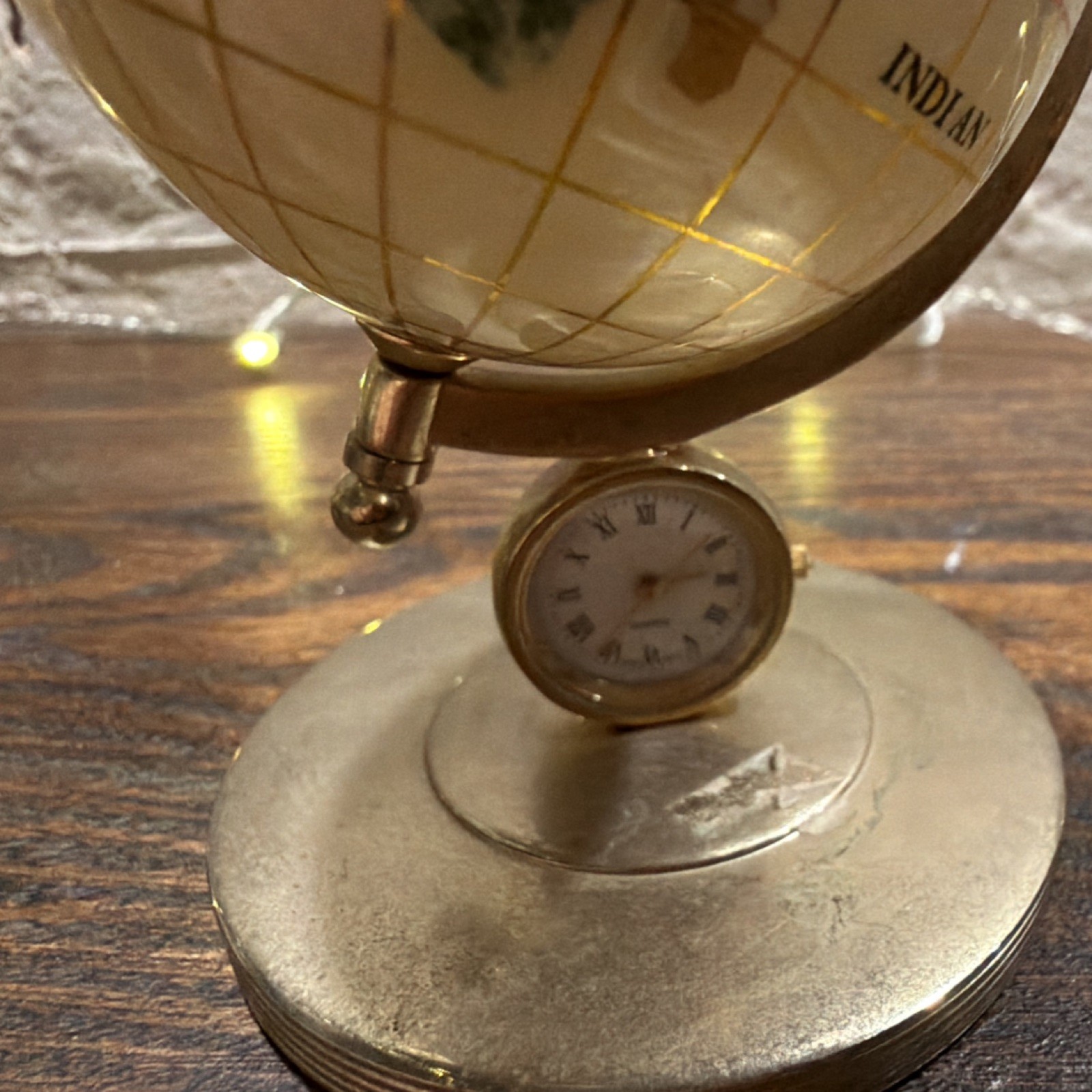 Small Rotating Tabletop World Globe w/ Built-In Clock, Gold Metal Base