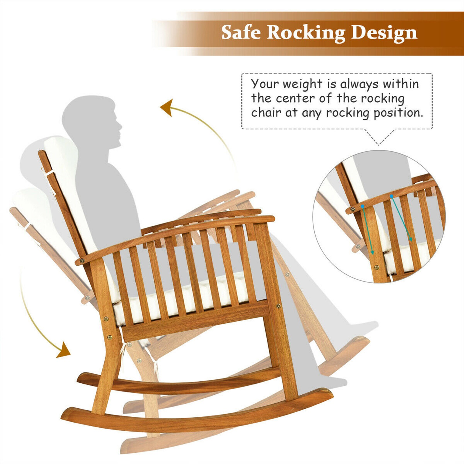 2PCS Patio Rocking Chair Set Round Table Solid Wood Cushioned Sofa Garden Deck