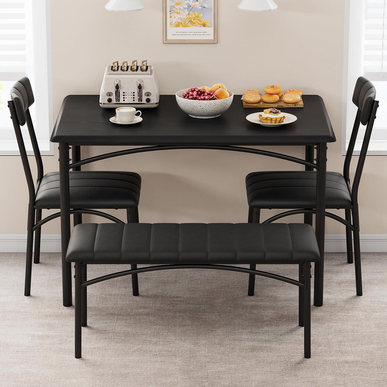 Dining Table Set for 4 Kitchen Table W/Upholstered Chairs and Bench Rectangular