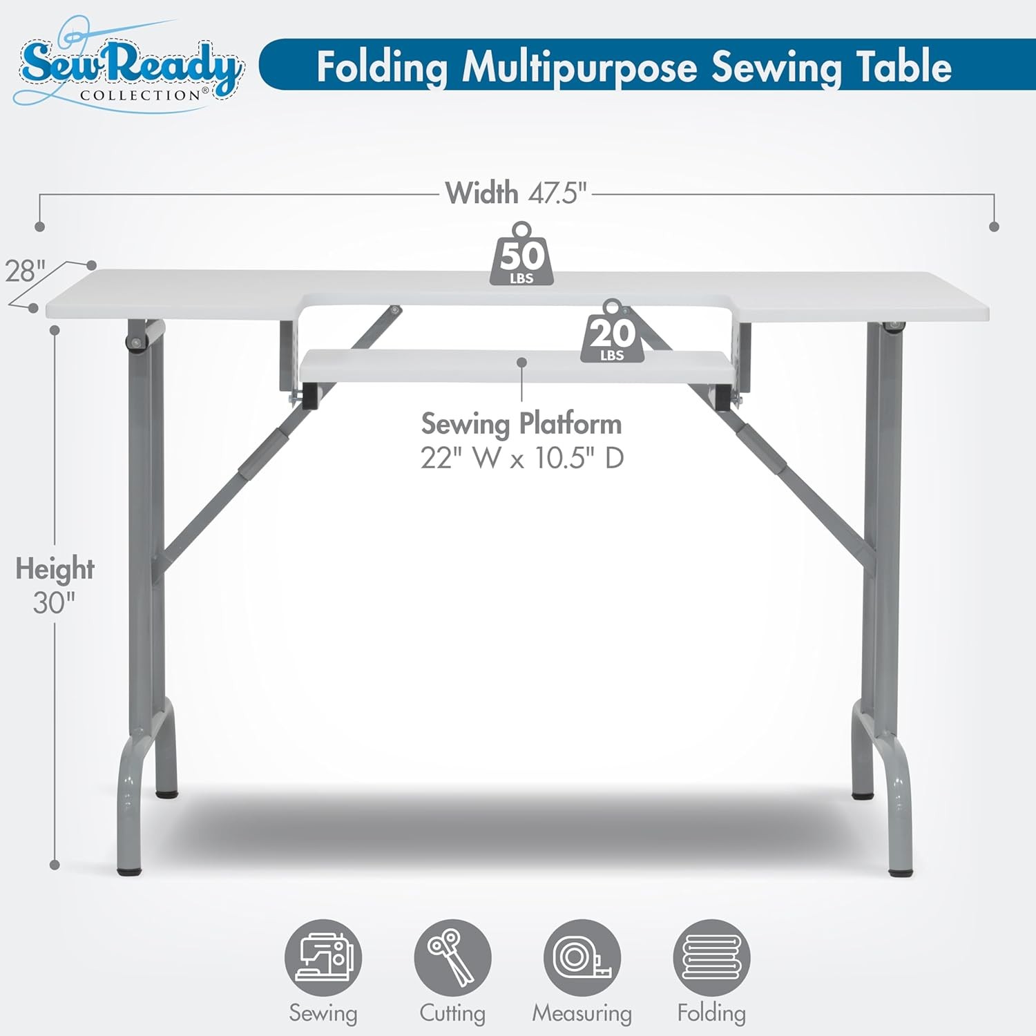 Sew Ready Folding Multipurpose Sewing Table - 47.5" W x 28" D Silver/White