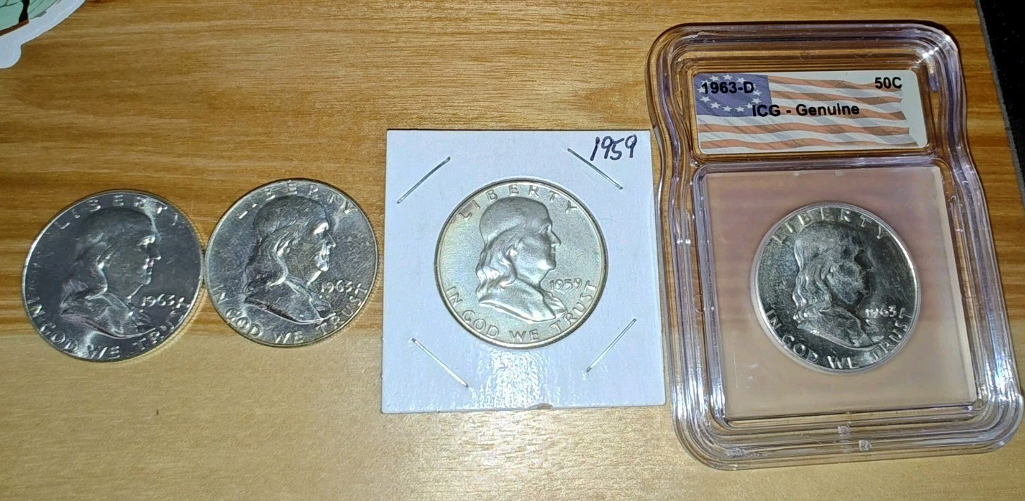 1963-D,1963-d,1963-p,1959-p Franklin Half Dollars $2 Face