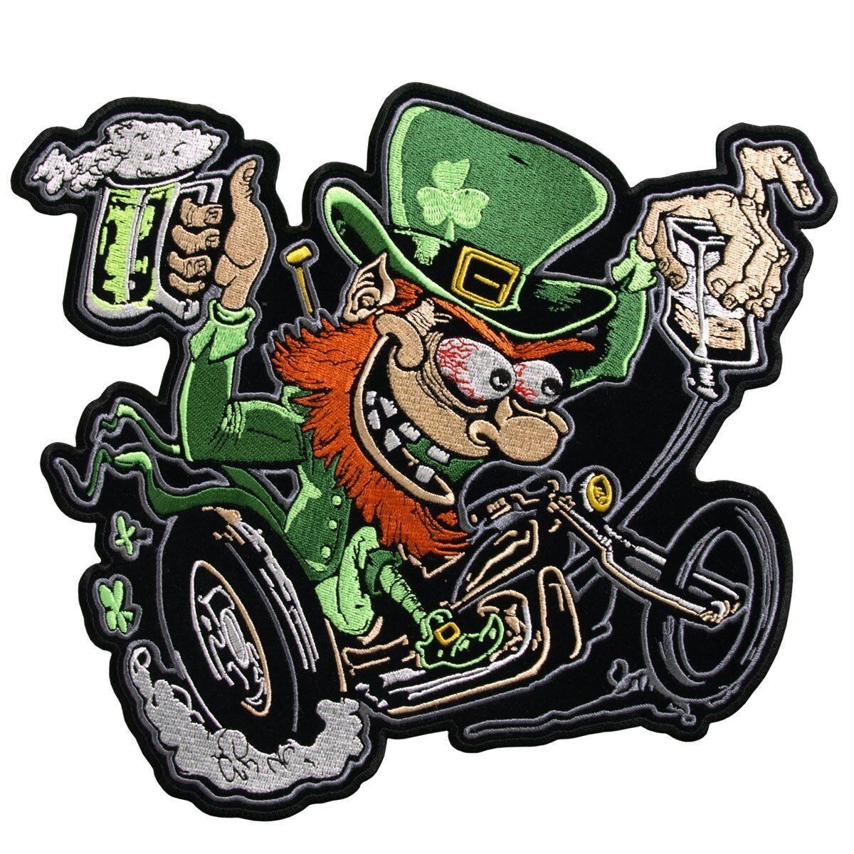 LEPRECHAUN IRISH BEER BIKE Jacket Vest Back PATCH | IRON ON OR SEW   10" X 9"