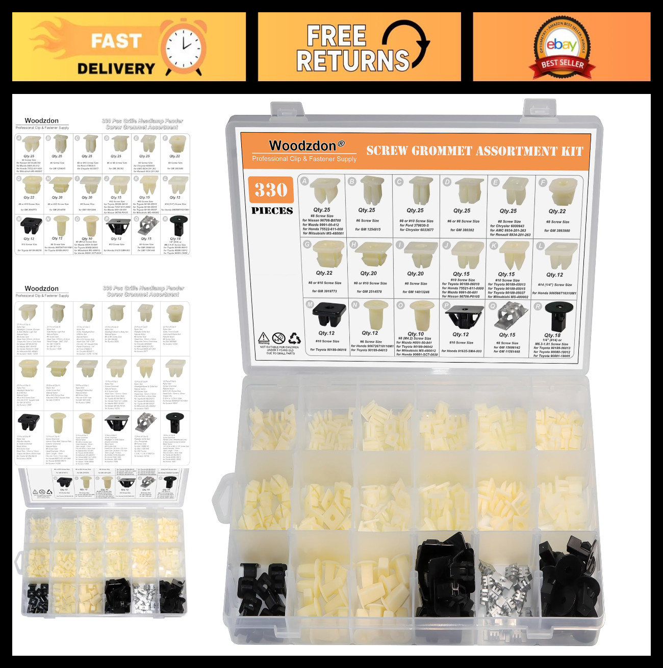 330pcs Nylon Nut & Grommet Assortment for Grille, Headlight, Fender, Bumper - GM