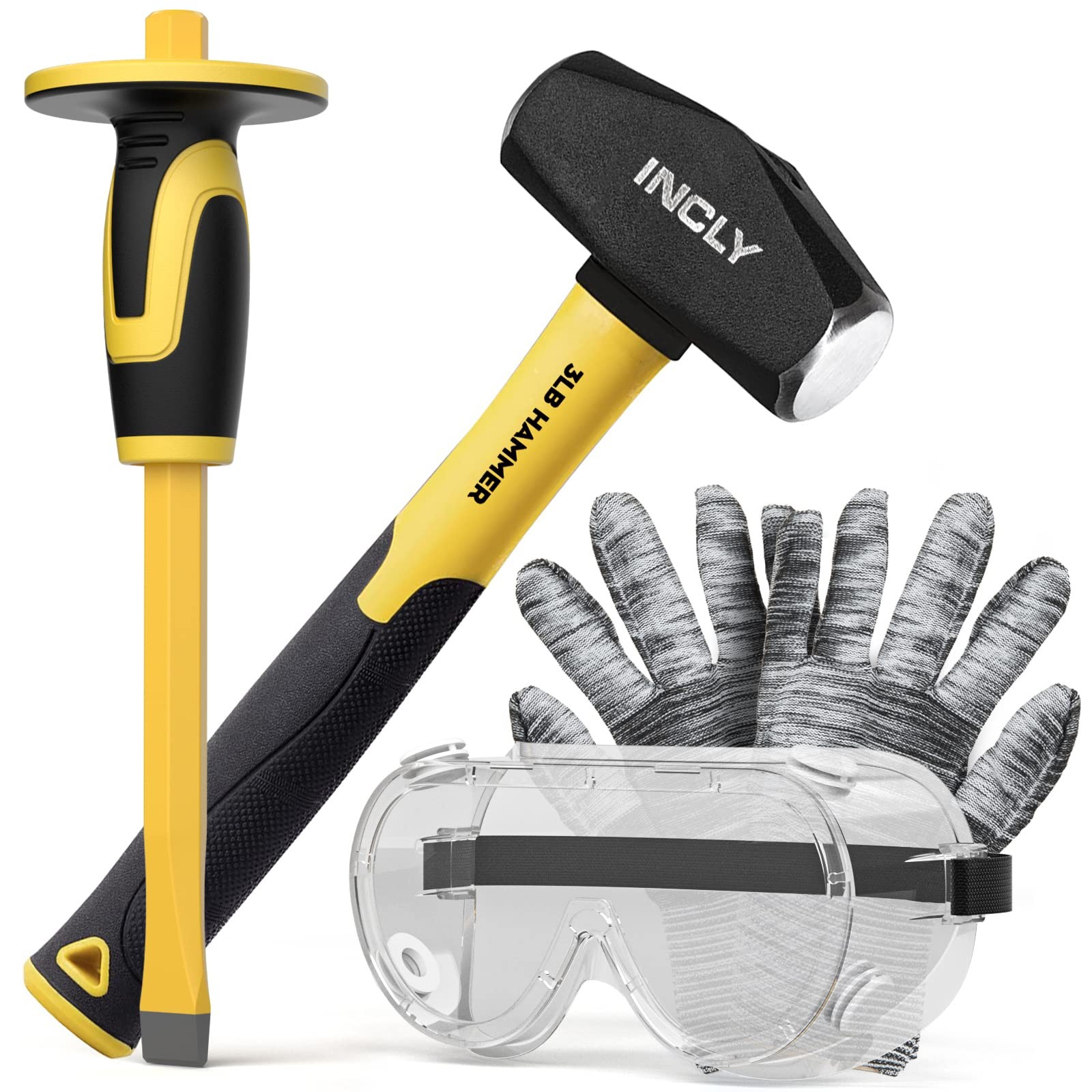 4 PCS Geology Rock Pick Equipment Kit, 3 Pound Sledge Rock Hammer with 12" Ma...