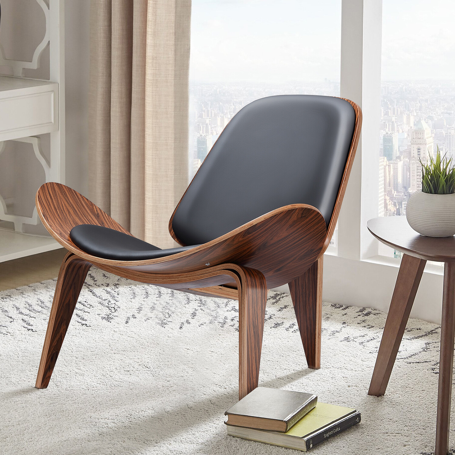 Hans Wegner Shell Lounge Chair Leather Accent Side Chair For Living Room