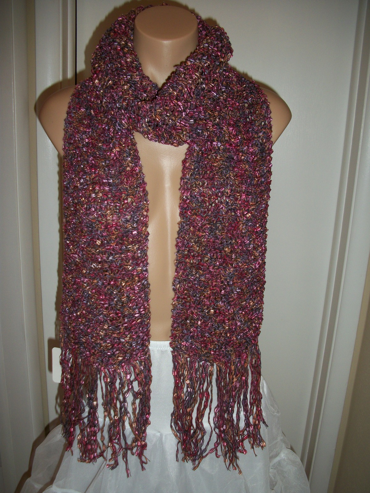 NEW - HAND KNIT CROCHET SHAWL  WRAP  SCARF BLACK / PINK   SIZE 83" x 9" INCHES