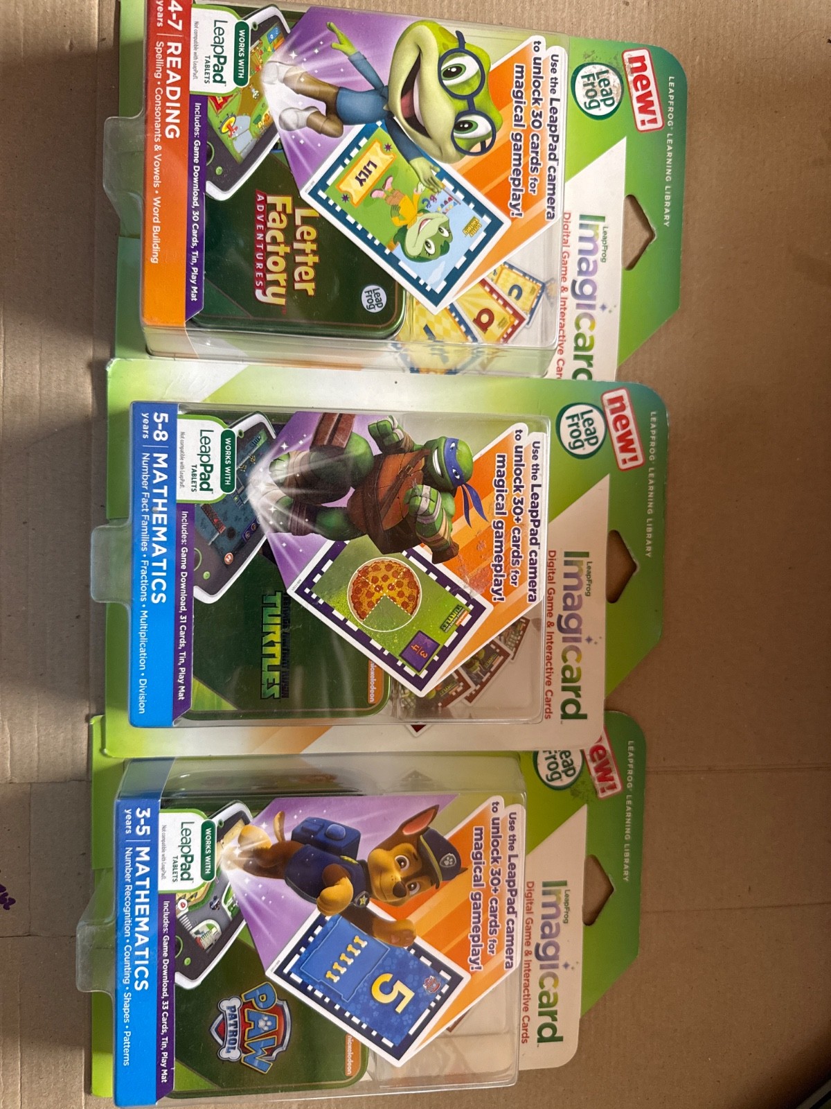 Lot of New LeapFrog LeapPad Imagicard Letter Factory TMNT Paw Patrol Game & Card