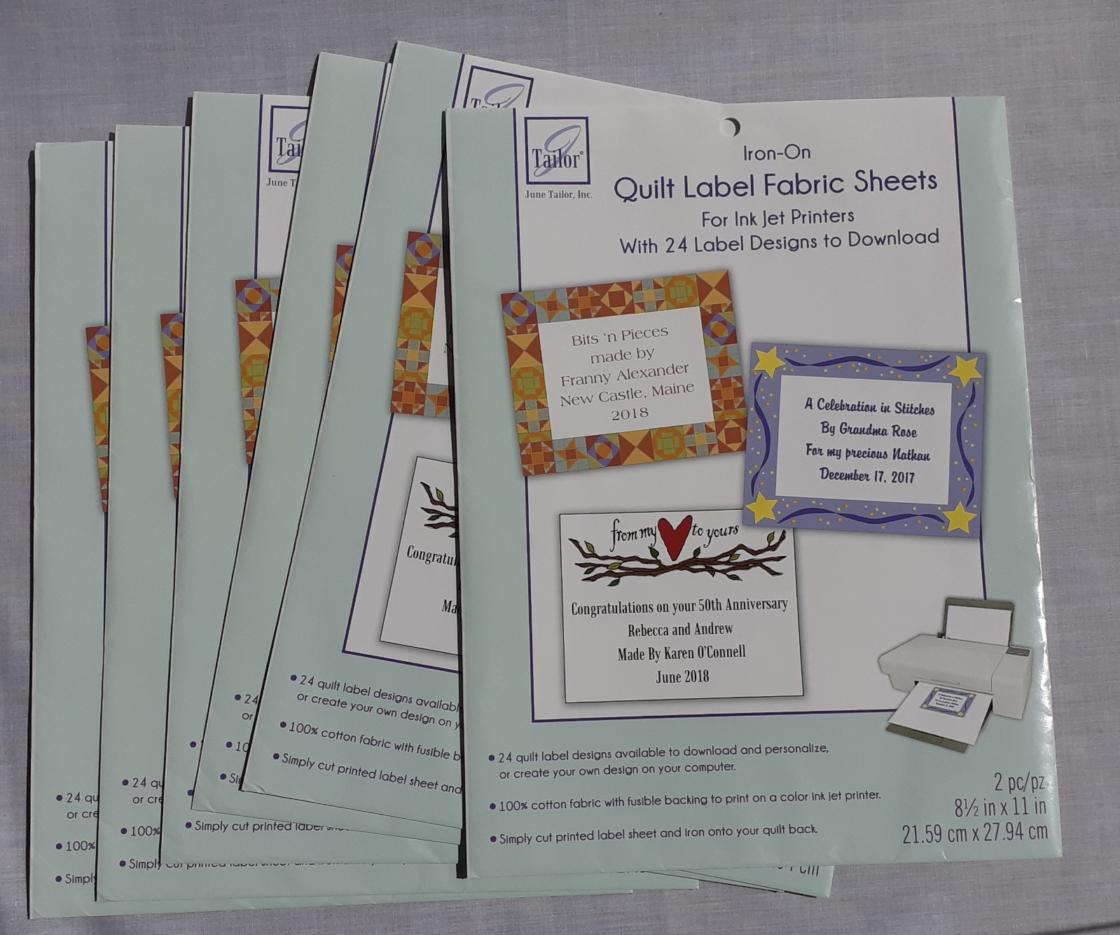 6 packs June Tailor Quilt Label Fabric Sheets Iron on inkjet 100% cotton fusible