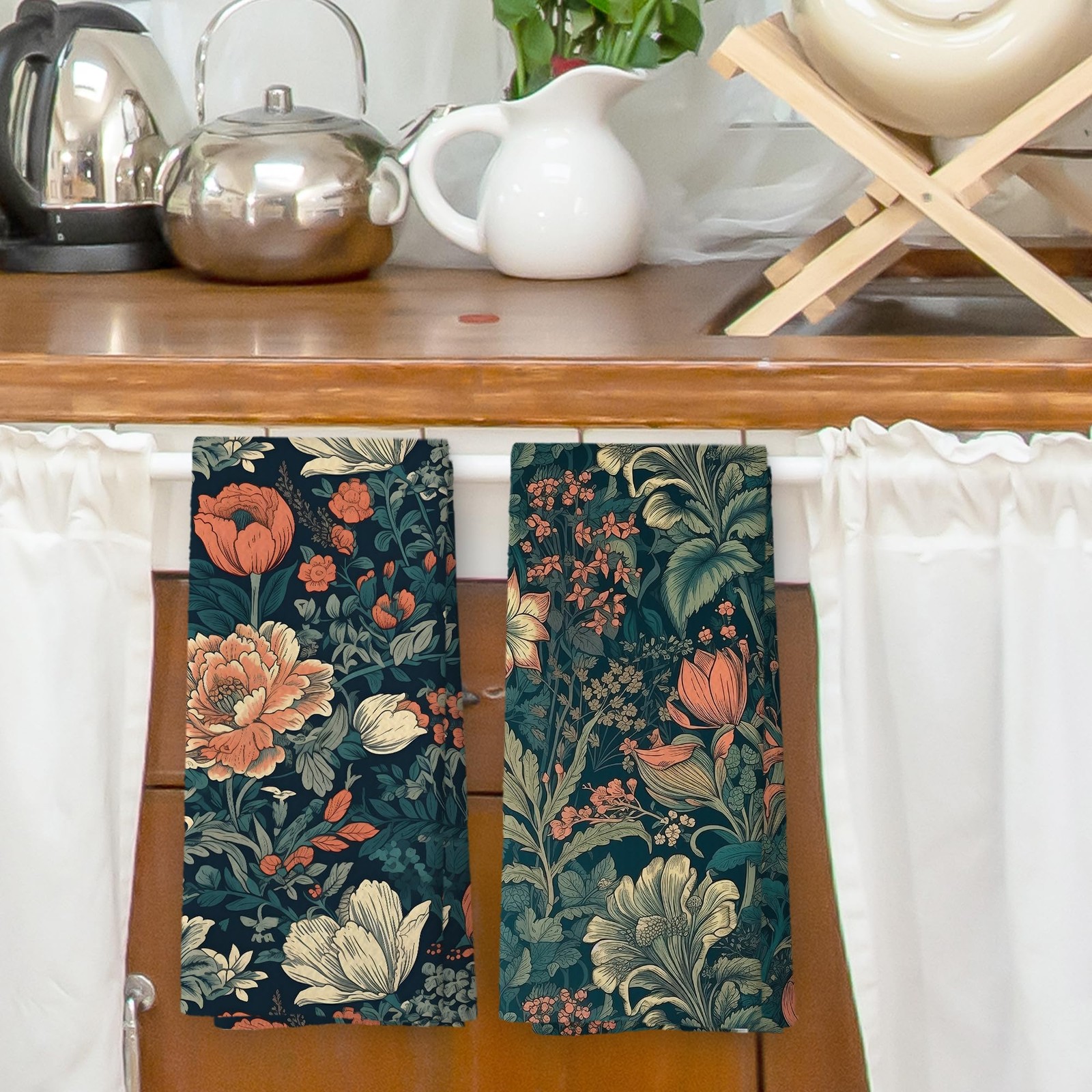 Vintage Cottagecore Floral Kitchen Dish Towels, Retro Rustic Midcentury Moder...