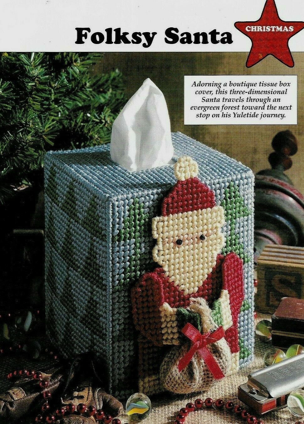 NEW FOLKSY SANTA TISSUE BOX COVER CHRISTMAS PLASTIC CANVAS PATTERN INSTRUCTIONS
