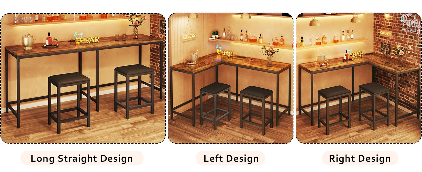 L Shaped Bar Table with Stools, 63‘’ Bar Height Table with Power Outlets,