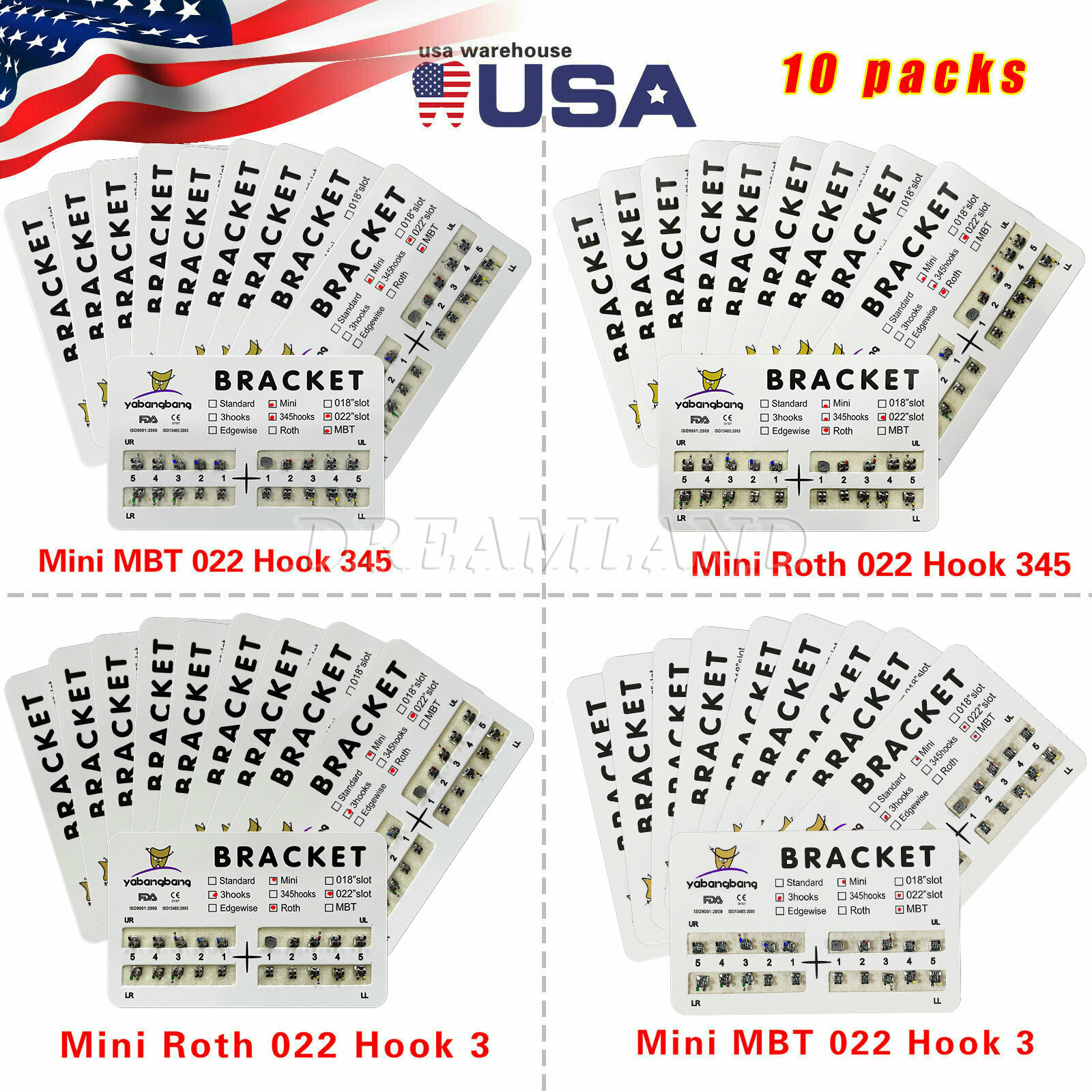 10X Dental Orthodontic Brackets Braces Mini Roth/MBT Slot.022 345/3 Hooks Metal