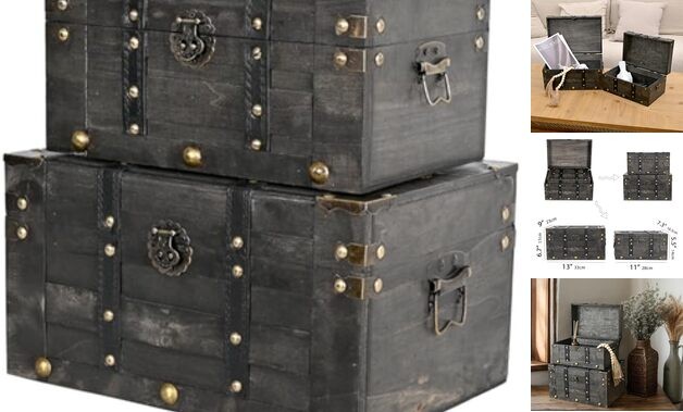 Wooden Vintage Luggage Trunks Set of 2, Decorative Antique 11"&13" Black