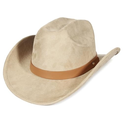 Suede Cowboy Hat for Men Women Roll up Brim Cowgirl Hat 7-7 1/4 Beige-2