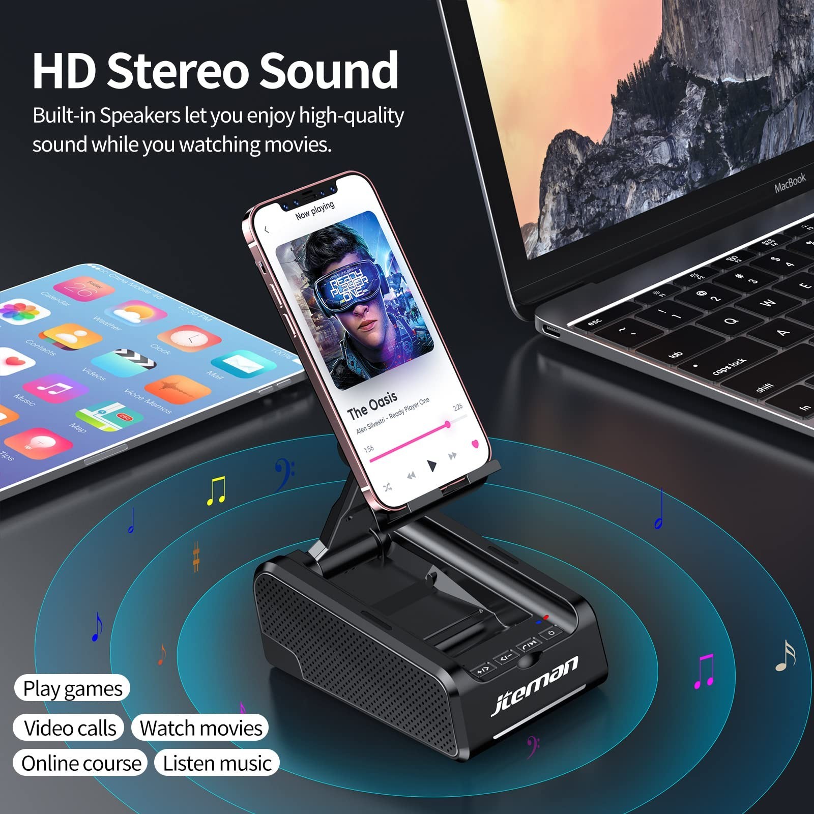 JTEMAN Cell Phone Stand with Bluetooth Speaker,Desktop Kitchen Gadgets Stand ...