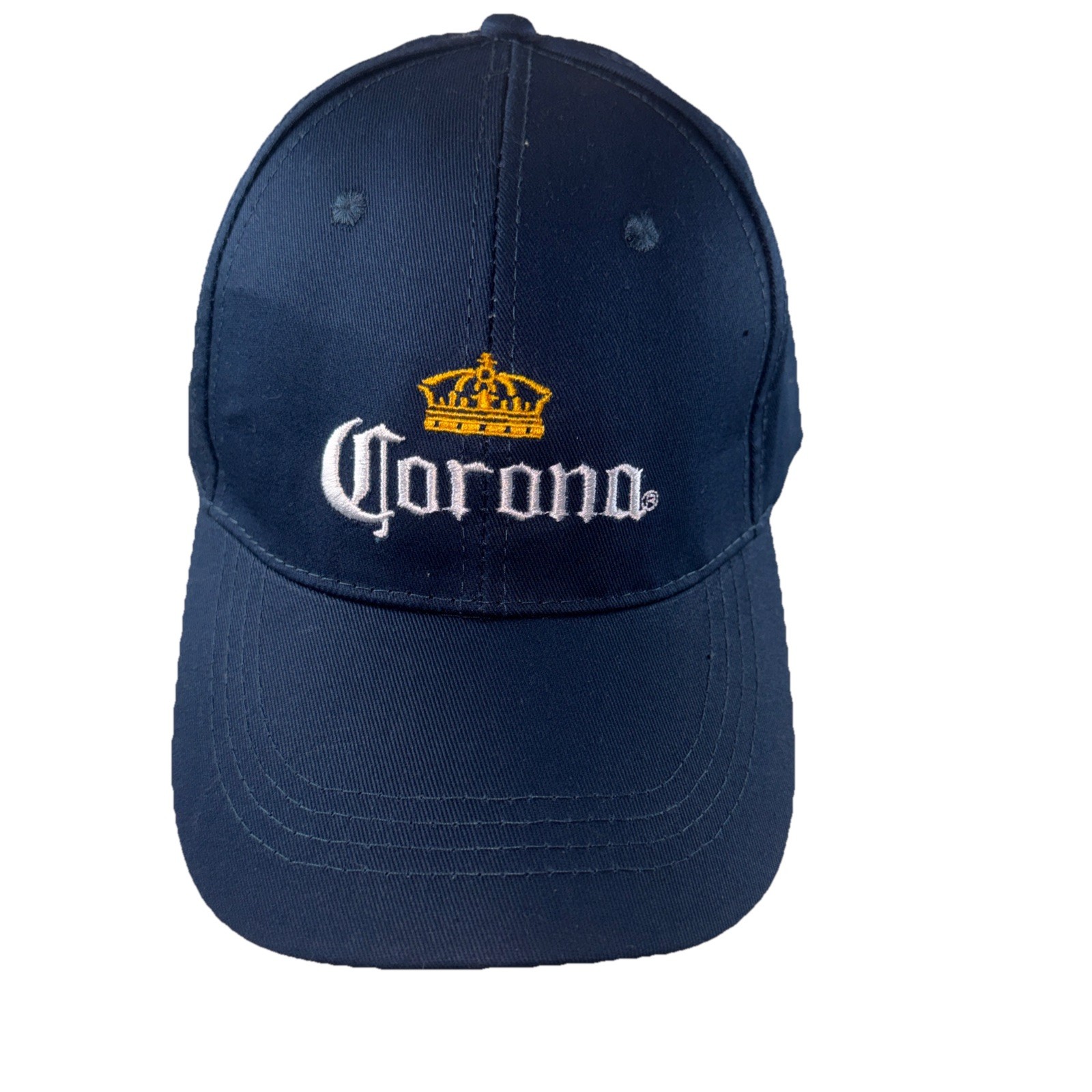 Corona in White Letters w Gold Crown on Navy Hat Cap Hook Loop
