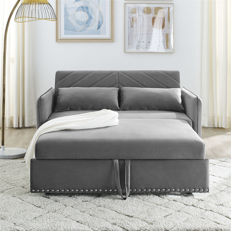 3 in 1 Convertible Sofa Bed,Gray Pull Out Sleep Sofa Bed w/USB Port & 2 Pillows