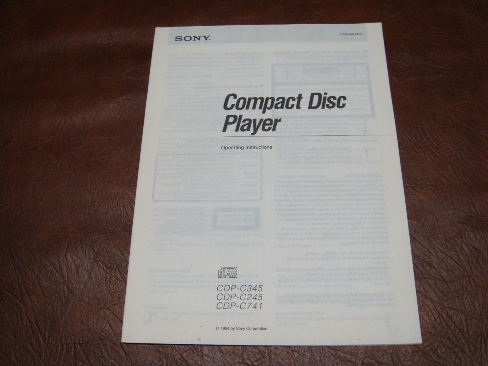 Original Sony CDP 345 CD Player  Owners Manual