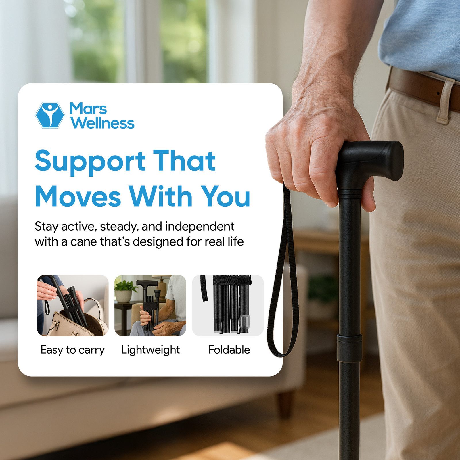 Mars Wellness Folding Cane - Adjustable Walking Cane for Women & Men