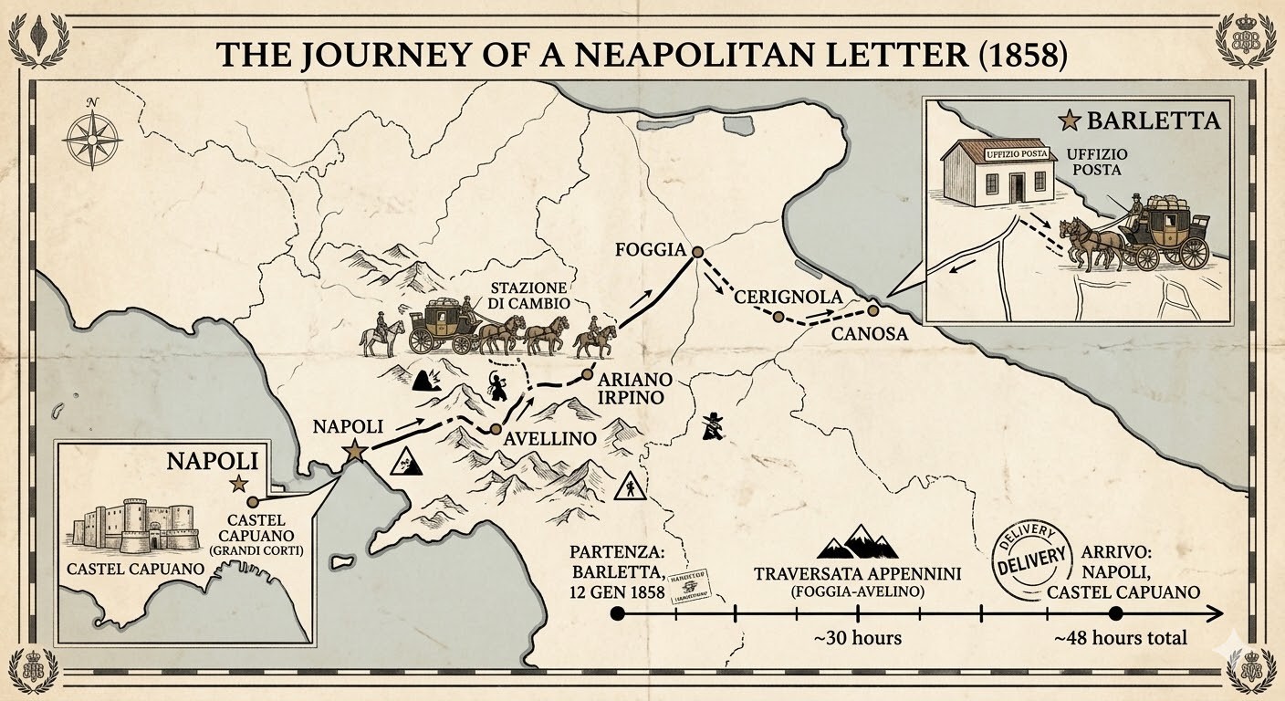 1858 Kingdom of Naples Folded Letter - Barletta to Naples - 2gr Bourbon Arms