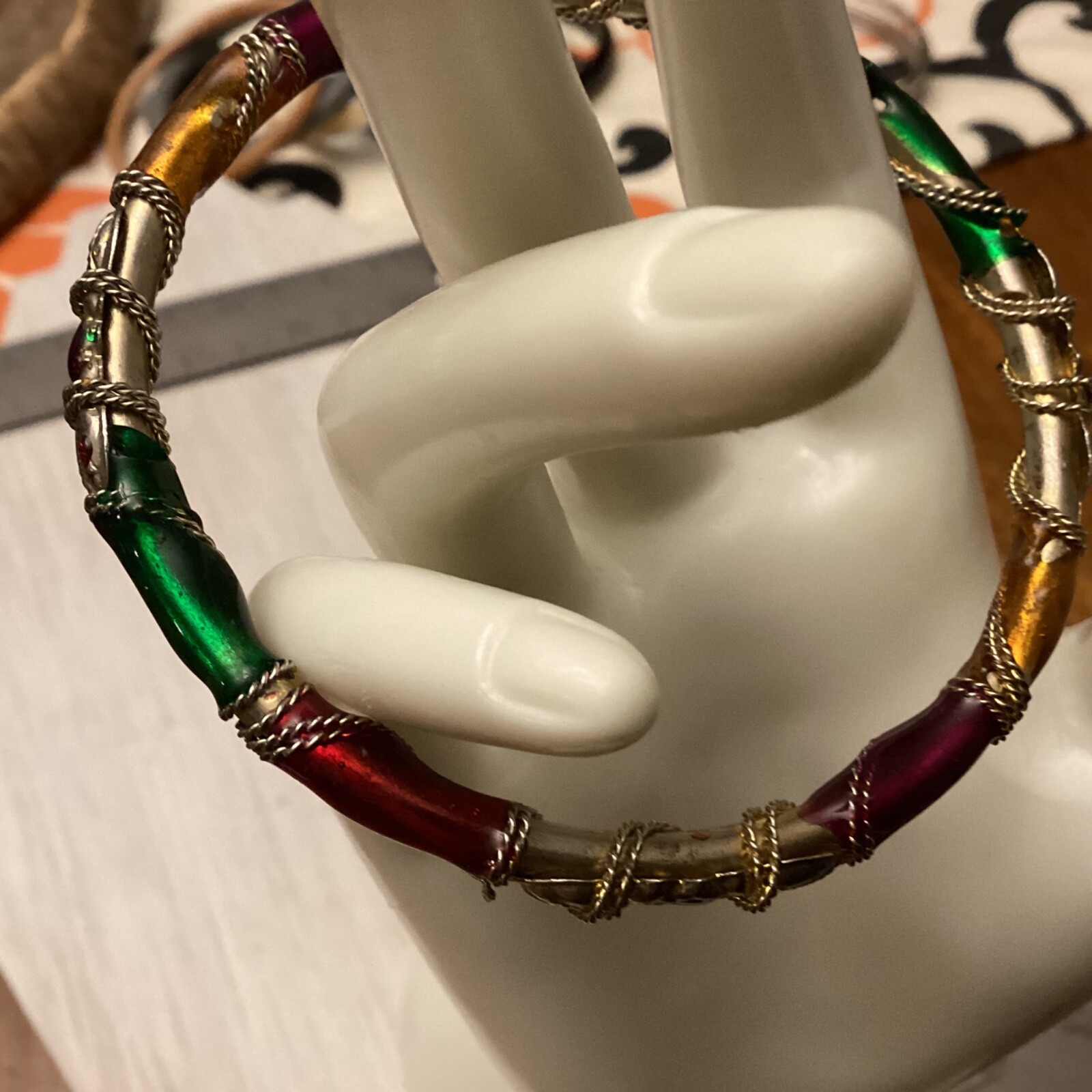 Stunning Vintage Multi Color Enamel & Chain Wrapped Bangle Bracelet