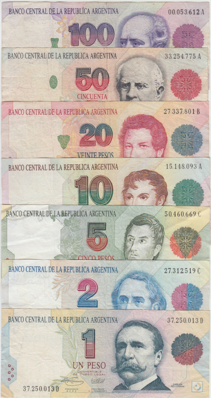 Argentina -Complete Set P.339-345 7 pieces, 1-2-5-10-20-50-100 Pesos, F-VF  YY2