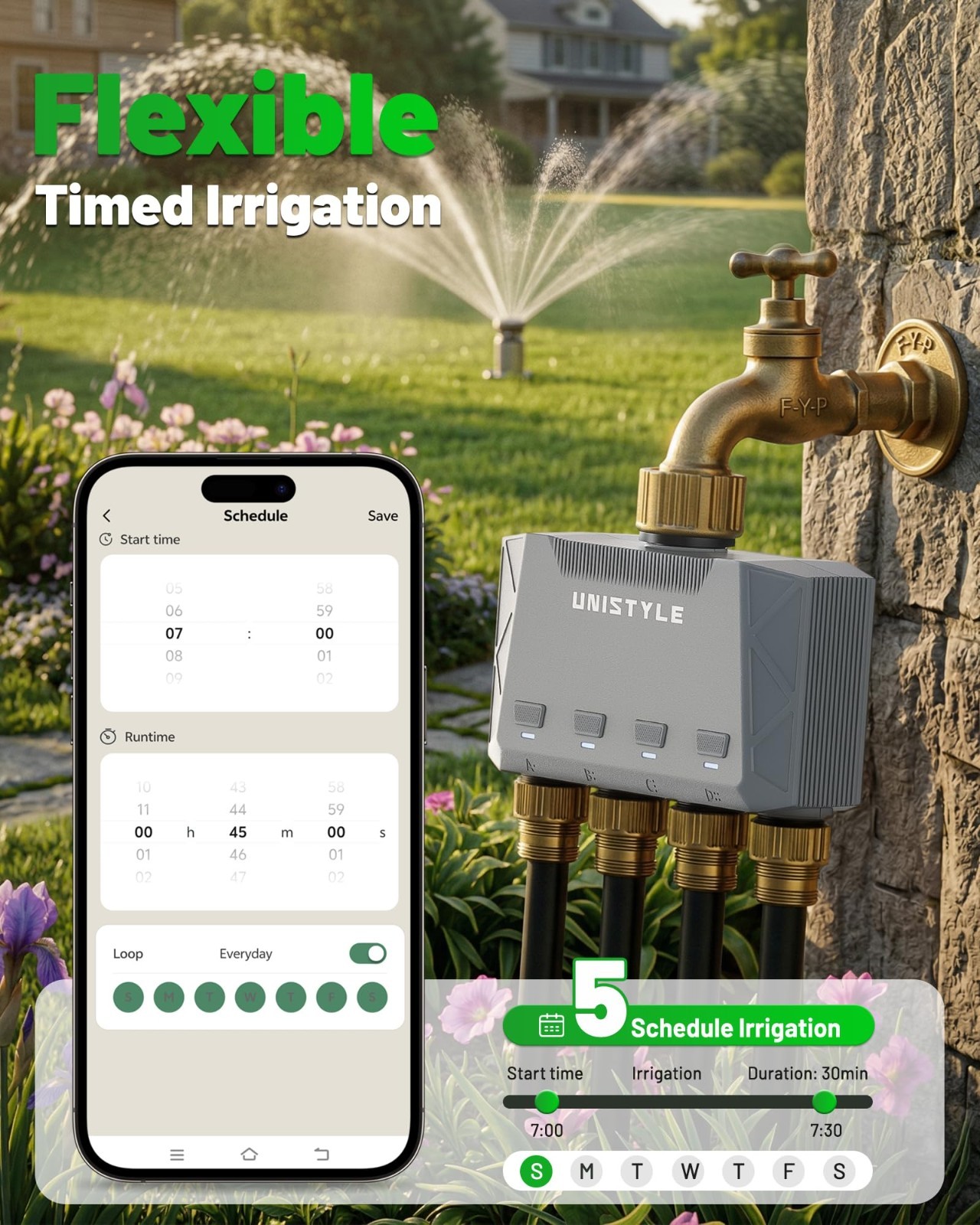 1700FT WiFi 4 Zone Garden Hose Timer, Smart Sprinkler Controller, Alexa/Google C
