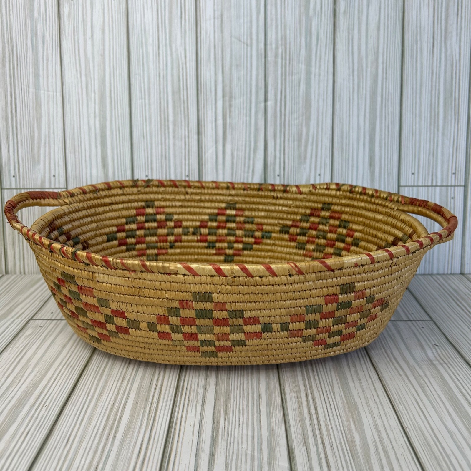 Vintage Handwoven Native Basket Oval with Handles Green Pink Brown Southwest