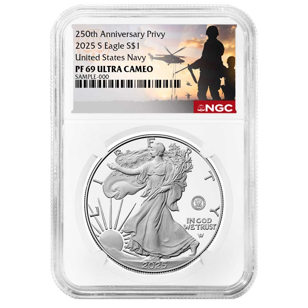 2025-S Proof $1 American Silver Eagle Navy Privy NGC PF69UC Military Label