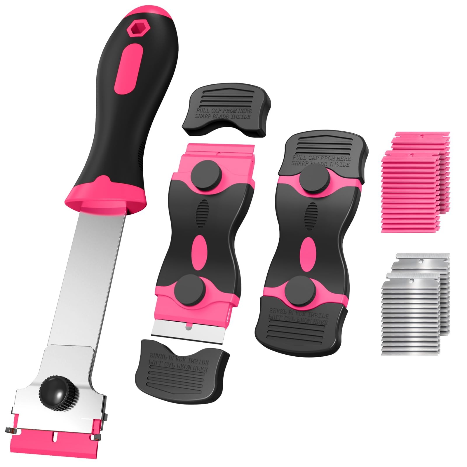 Ywmoml 3 Pack Razor Blade Scraper Set, Includes 30 Plastic & 30 Metal Pink